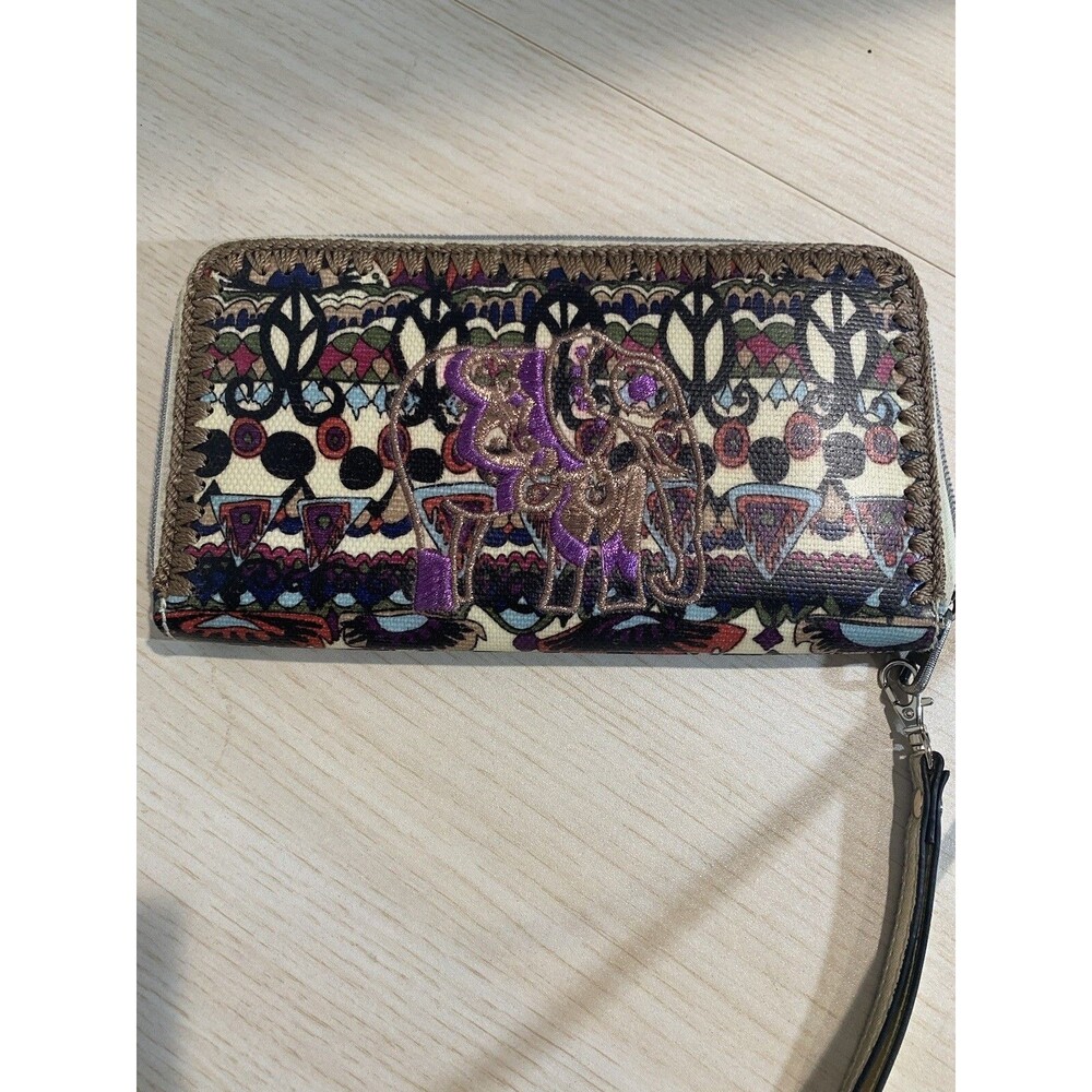Sakroots Womens Embroidered Elephant, Metallic Purple Thread Organizer Wallet